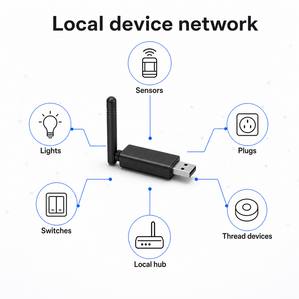Schéma de réseau local pour appareils ZigBee et Thread avec dongle USB.