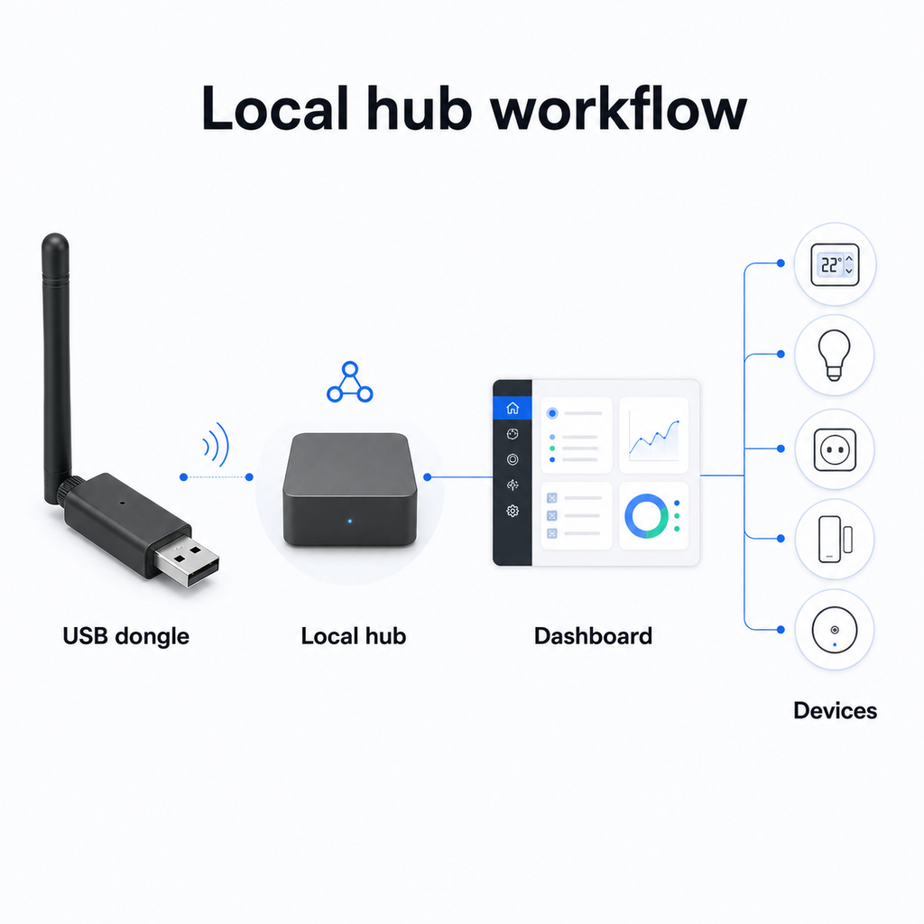 Workflow de hub local avec dongle USB, tableau de bord et appareils.