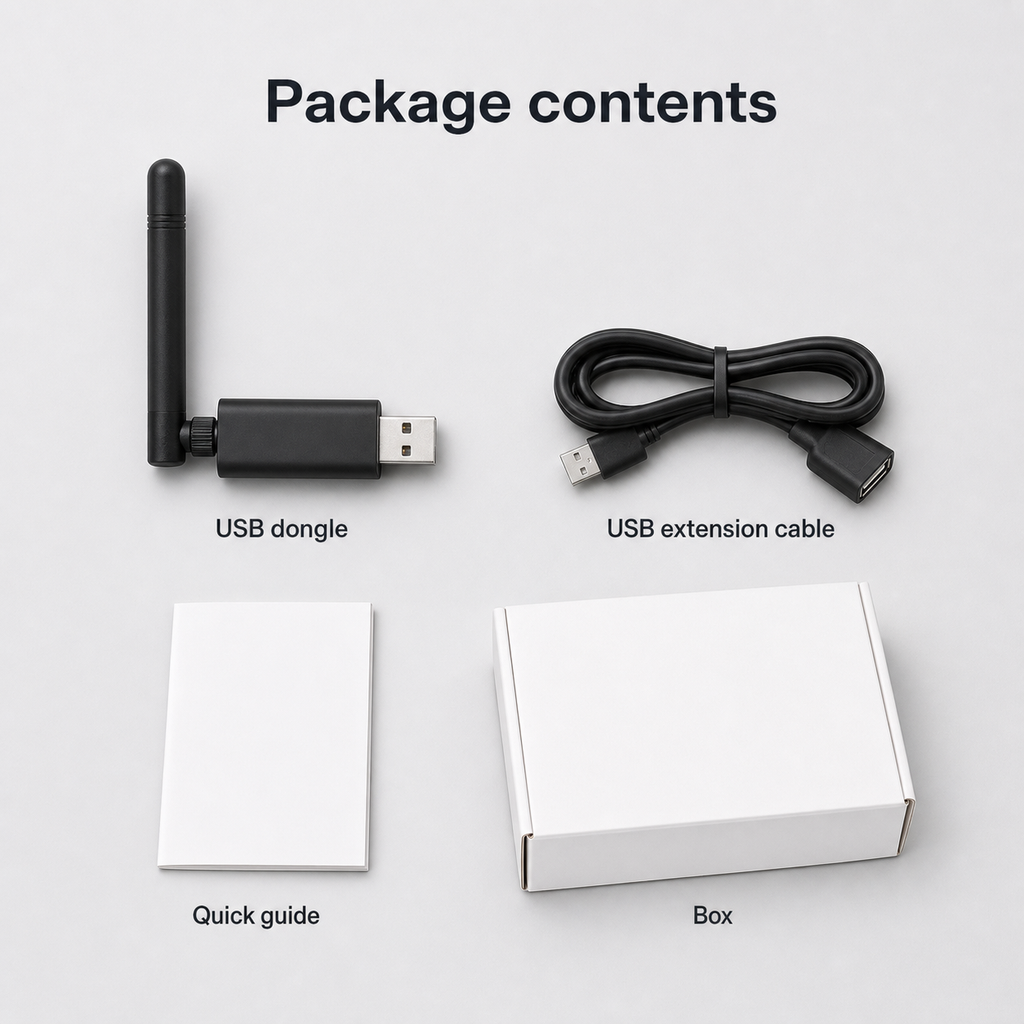 Contenu du colis avec dongle USB, câble d’extension, guide et boîte neutre.