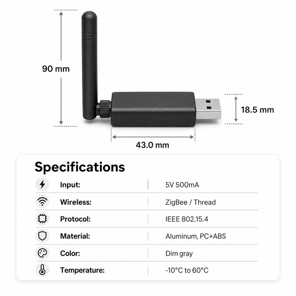 Fiche technique du dongle USB ZigBee Thread avec dimensions et spécifications.