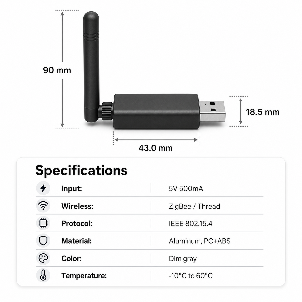 Fiche technique du dongle USB ZigBee Thread avec dimensions et spécifications.