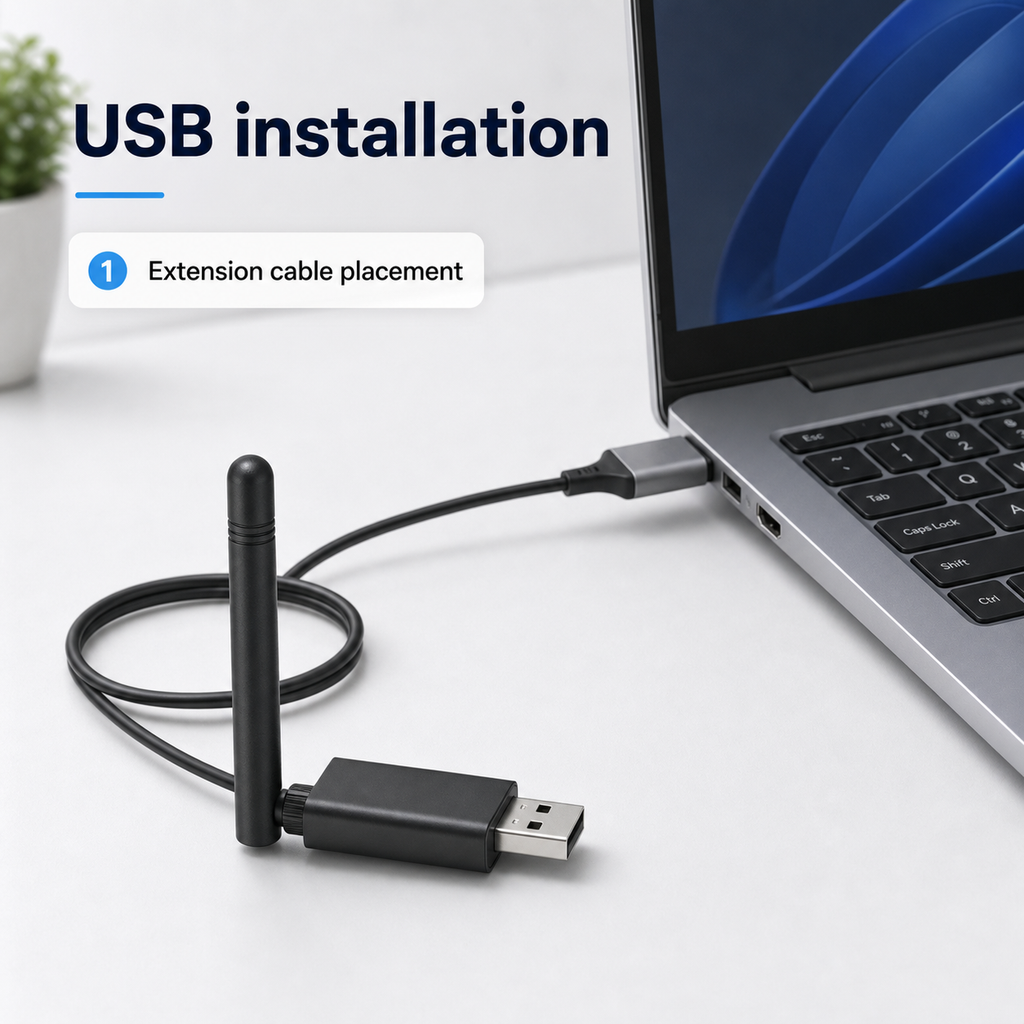 Installation USB du dongle avec câble d’extension sur ordinateur générique.