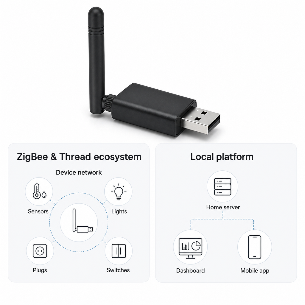 Écosystème ZigBee et Thread local avec appareil USB et icônes génériques.