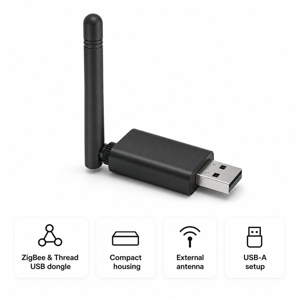Packshot studio du dongle USB ZigBee et Thread avec antenne externe.
