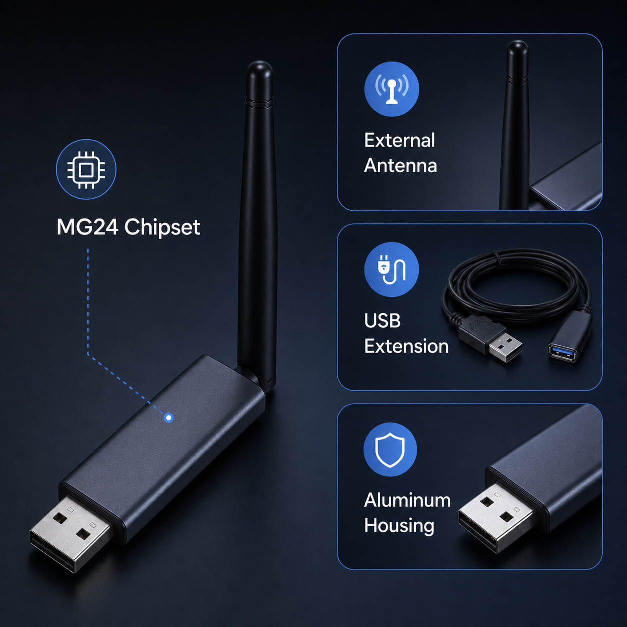Technical overview of MG24 Pro Zigbee and Thread USB dongle with antenna, cable and housing details