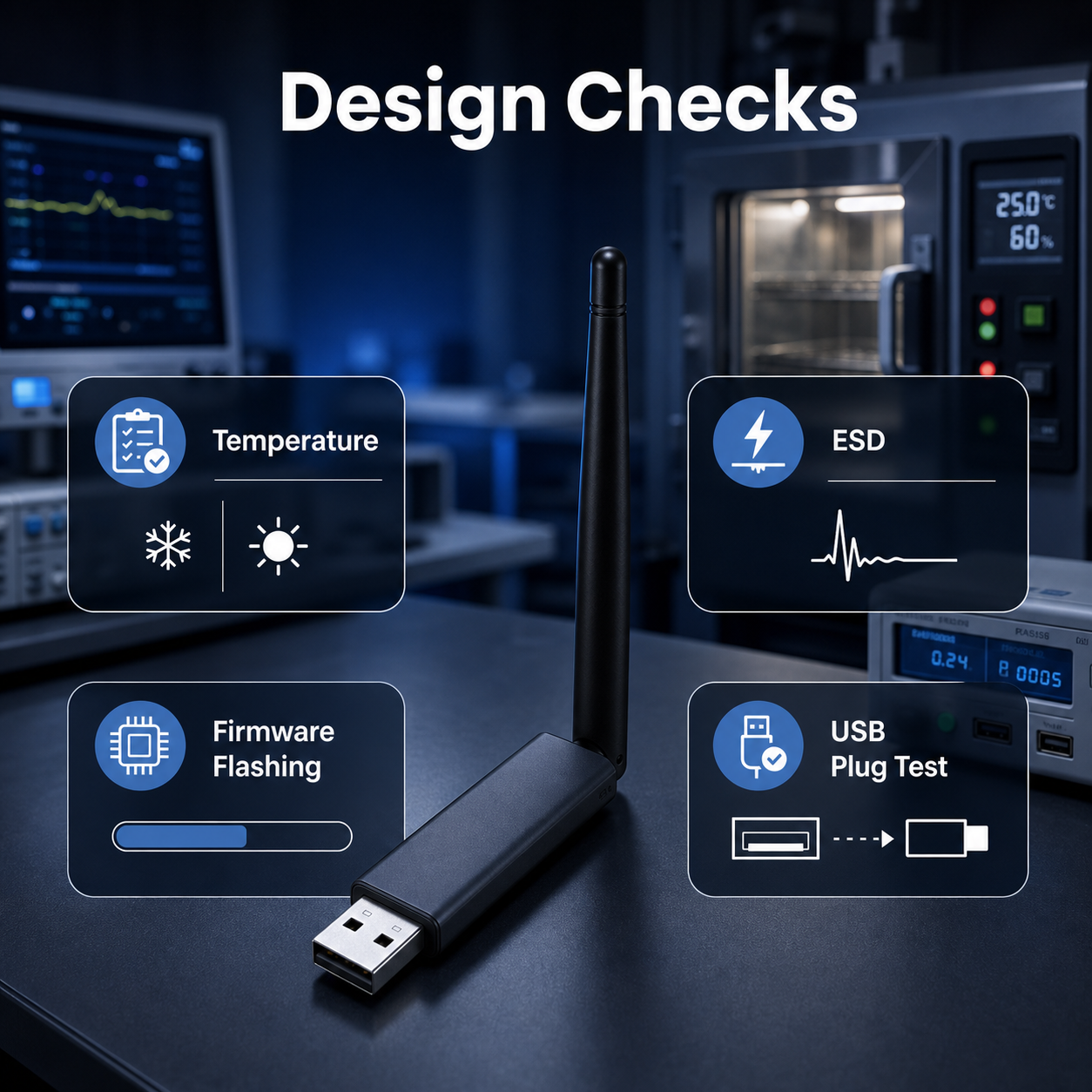 MG24 Pro USB dongle shown with temperature, ESD, firmware and USB design checks