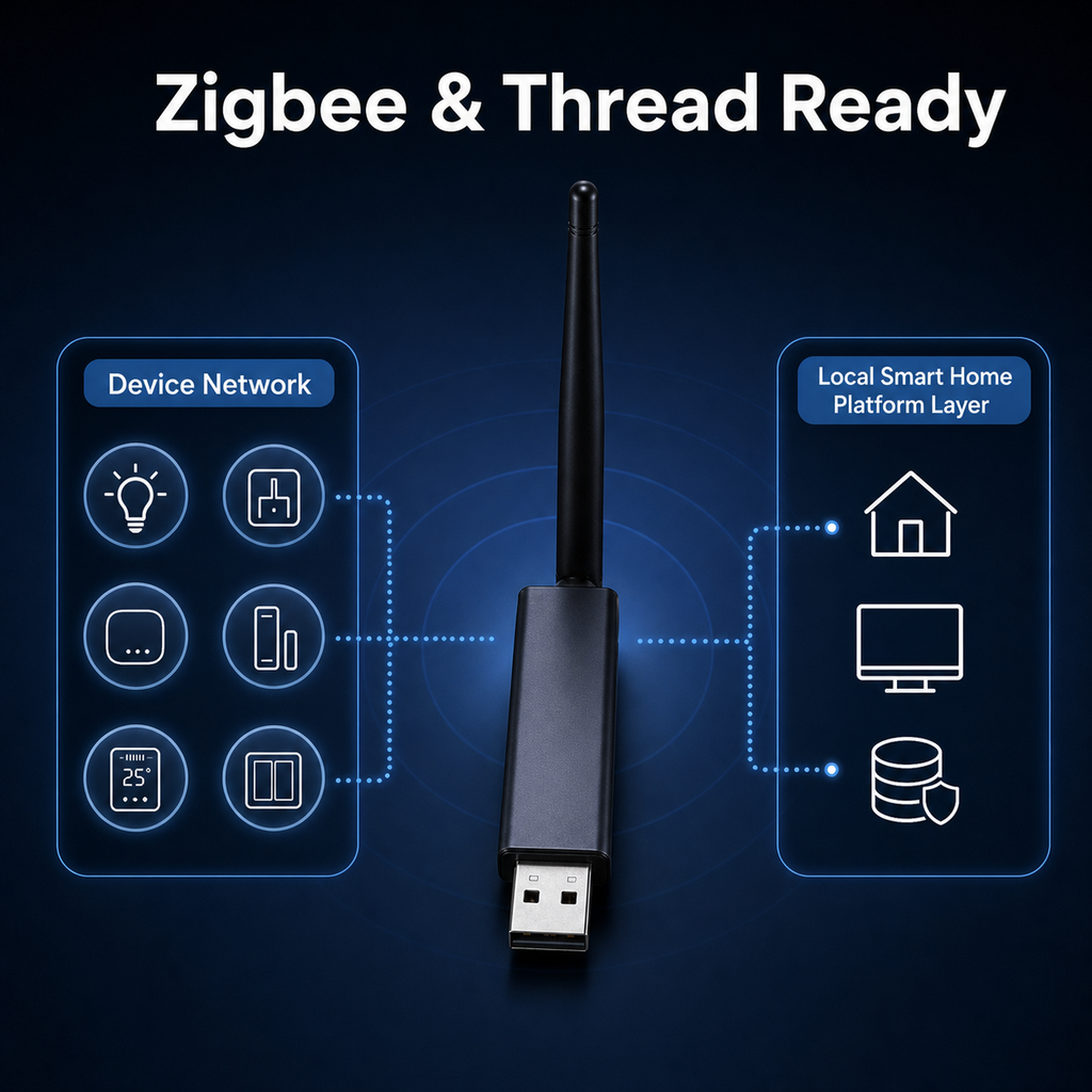 MG24 Pro Zigbee and Thread USB dongle linking device network to local smart home platform