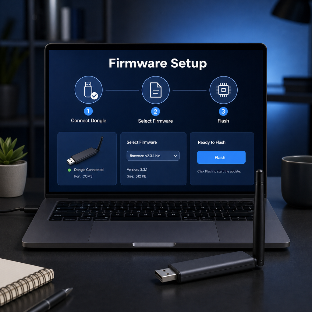 MG24 Pro USB dongle connected to laptop for firmware setup