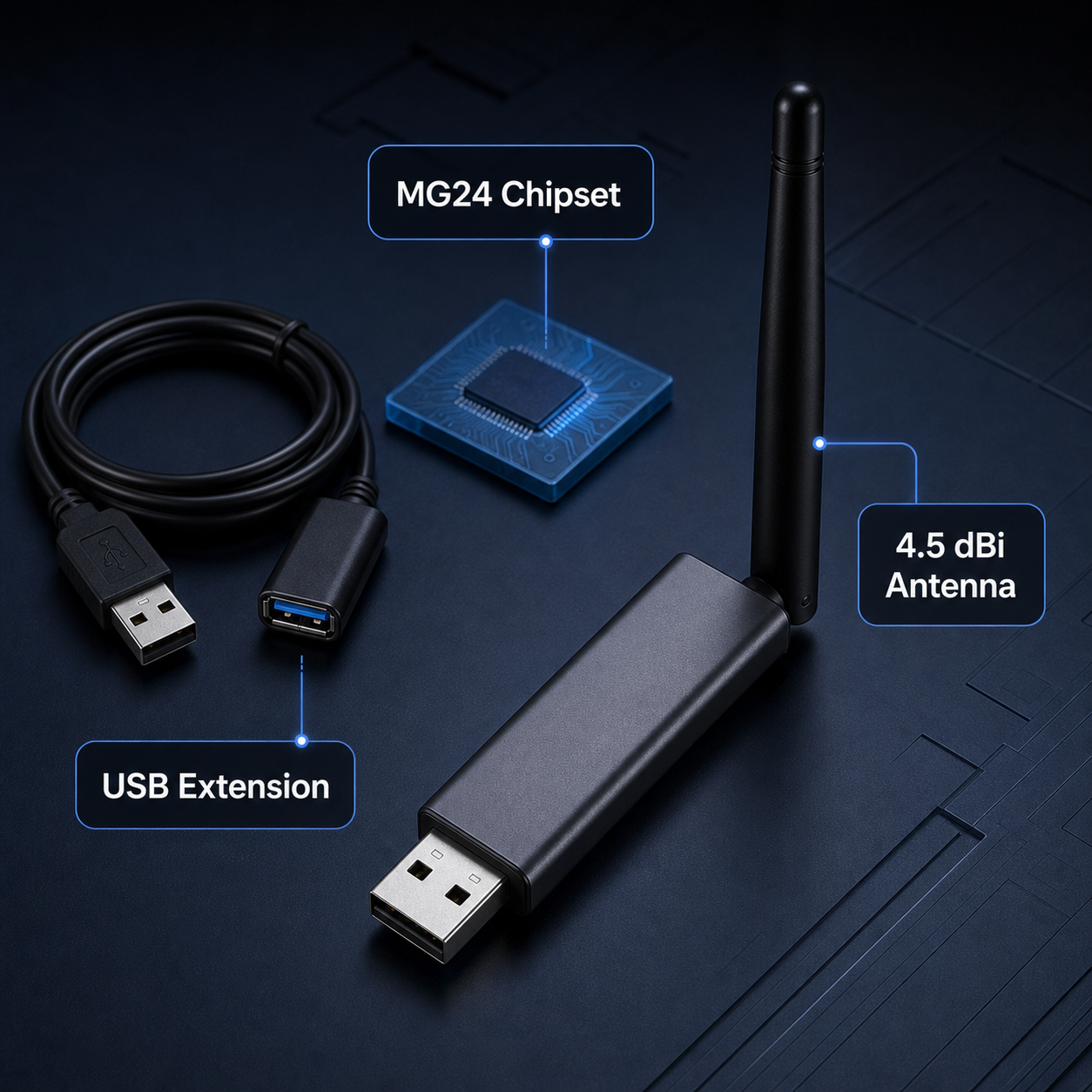 MG24 Pro product detail with chipset, 4.5 dBi antenna and USB extension cable