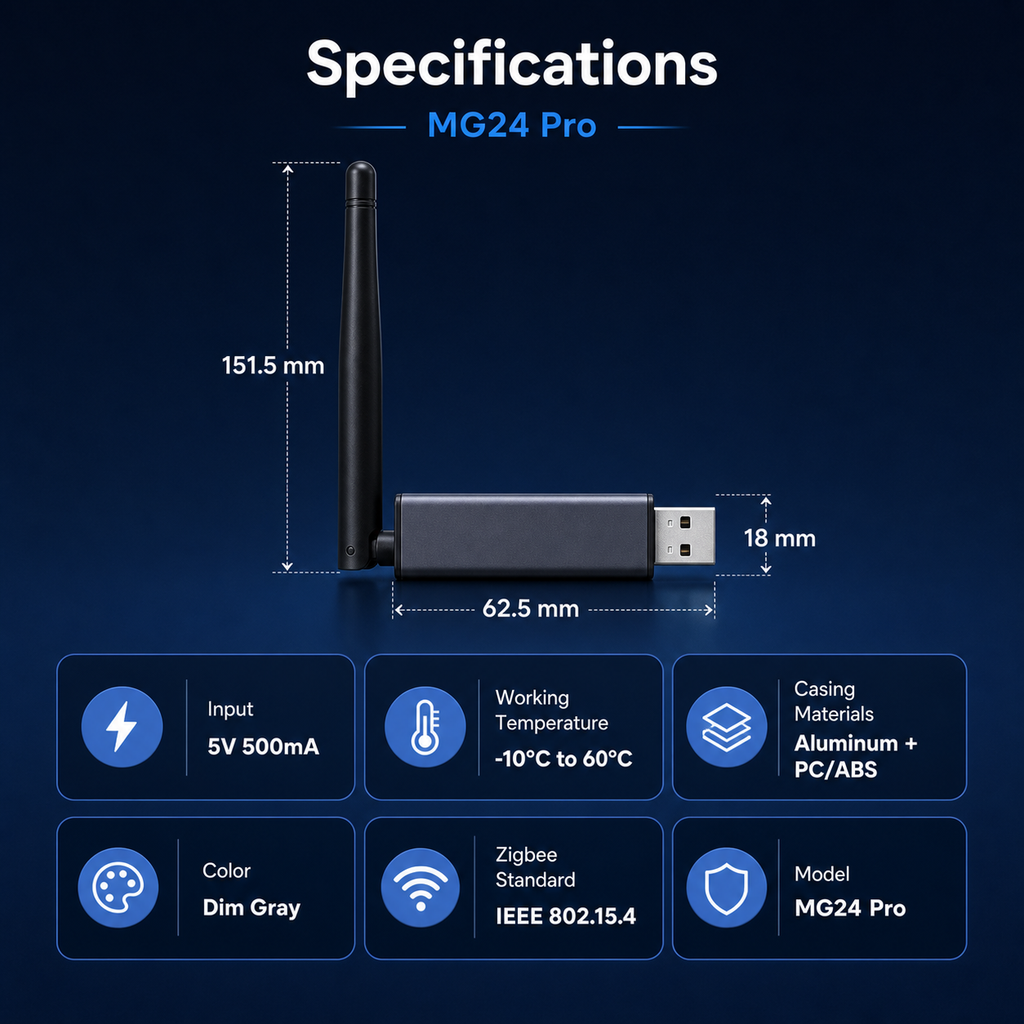 Specifications and dimensions for MG24 Pro Zigbee and Thread USB dongle