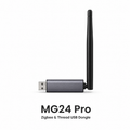 White studio packshot of MG24 Pro Zigbee and Thread USB dongle with external antenna