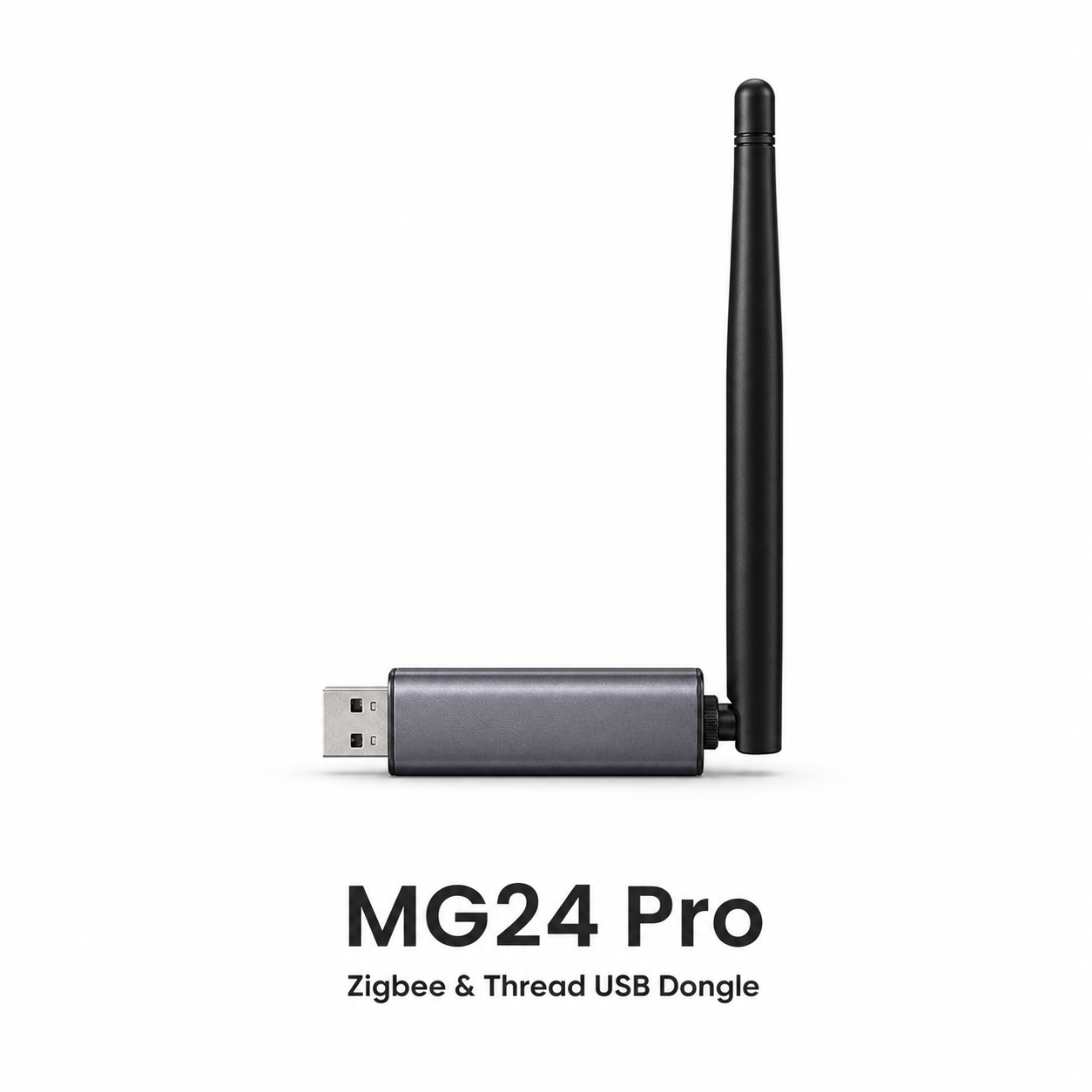 White studio packshot of MG24 Pro Zigbee and Thread USB dongle with external antenna