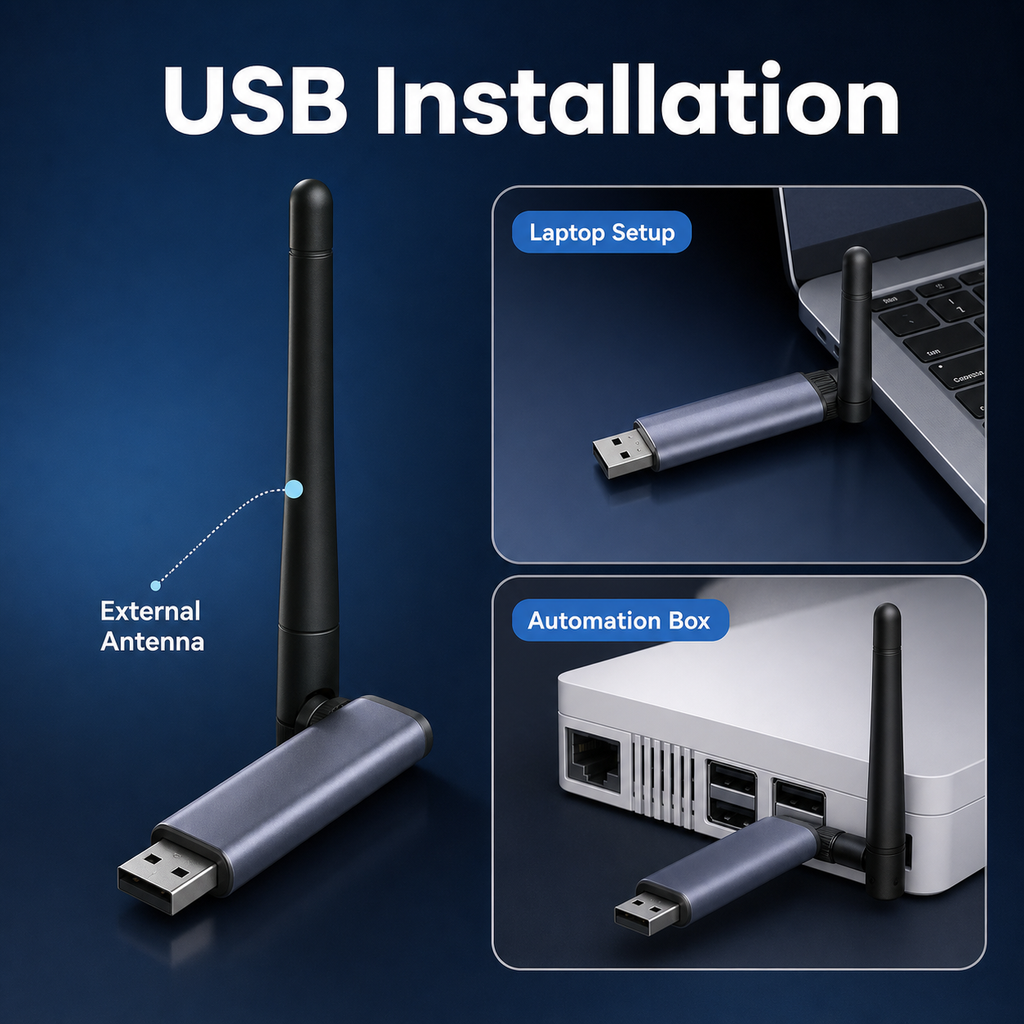 MG24 Pro USB dongle installation with laptop setup and automation box