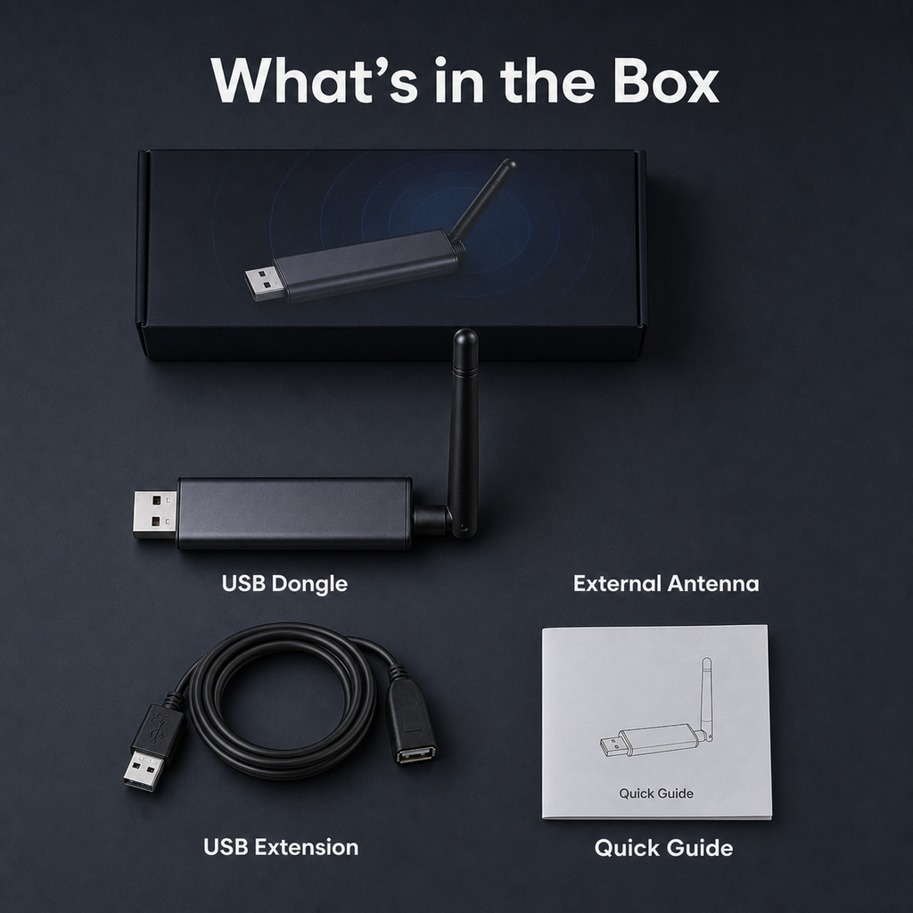 What's in the box for MG24 Pro USB dongle with antenna, cable and guide
