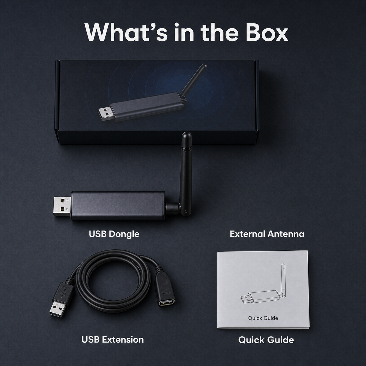 What's in the box for MG24 Pro USB dongle with antenna, cable and guide