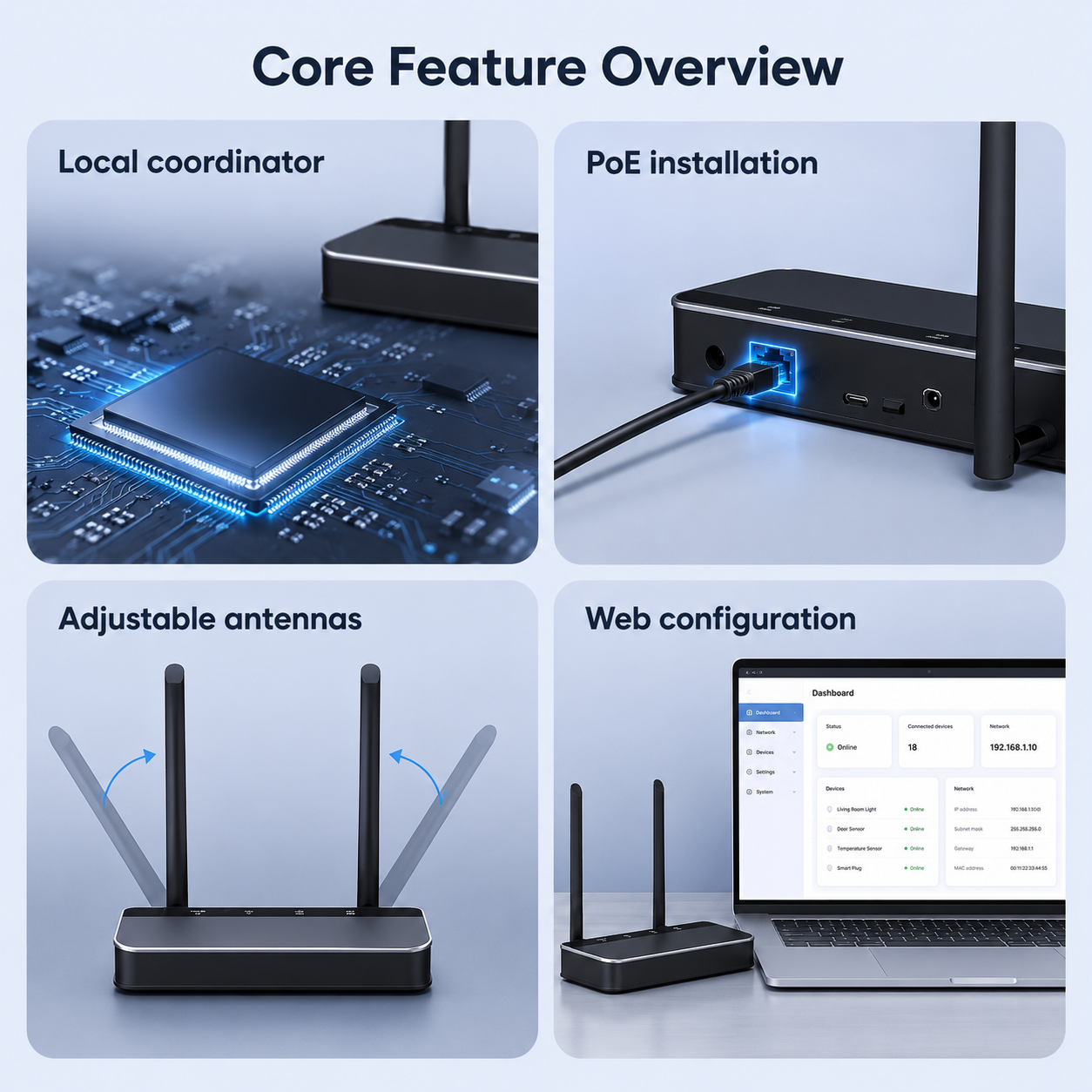 Core feature overview for Zigbee Ethernet PoE gateway