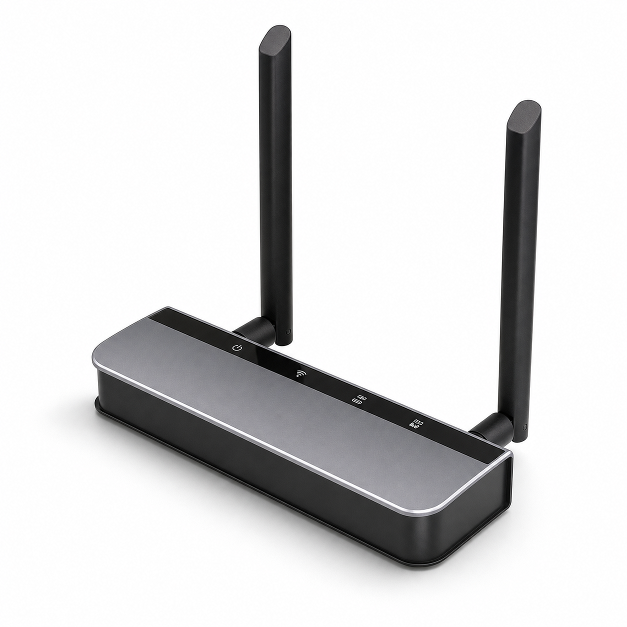 Passerelle ZigBee PoE Ethernet USB grise avec deux antennes sur fond blanc
