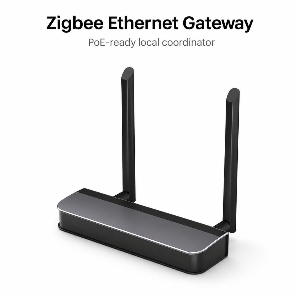 Studio packshot of Zigbee Ethernet PoE gateway with dual antennas
