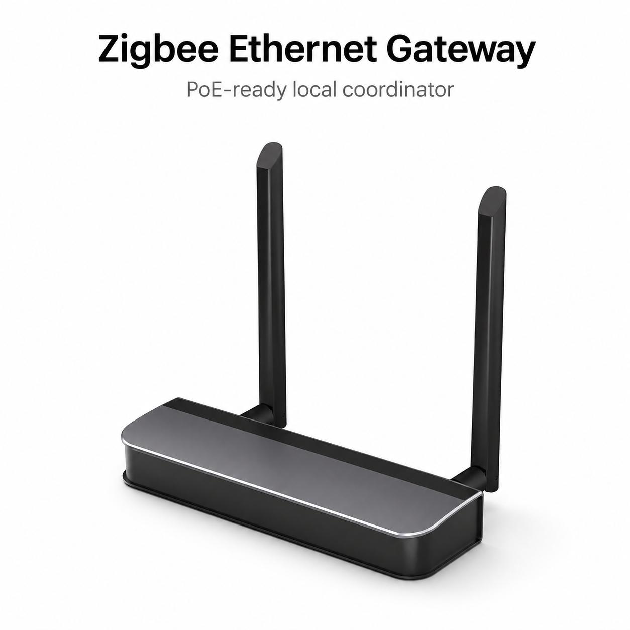 Studio packshot of Zigbee Ethernet PoE gateway with dual antennas