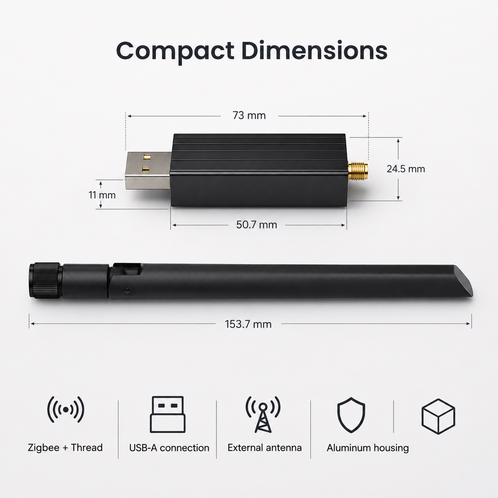 Compact dimensions specification card for Zigbee and Thread USB dongle