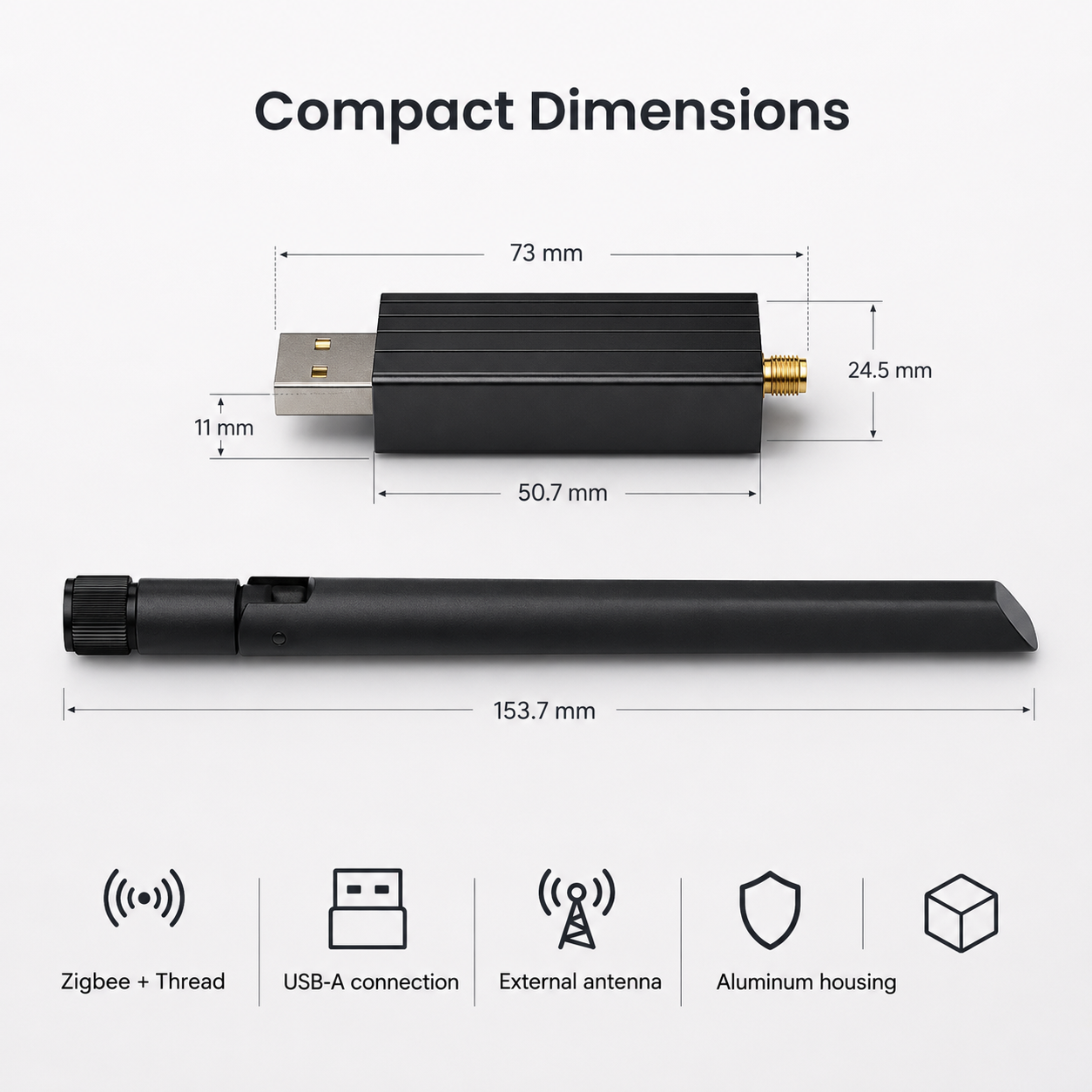 Compact dimensions specification card for Zigbee and Thread USB dongle