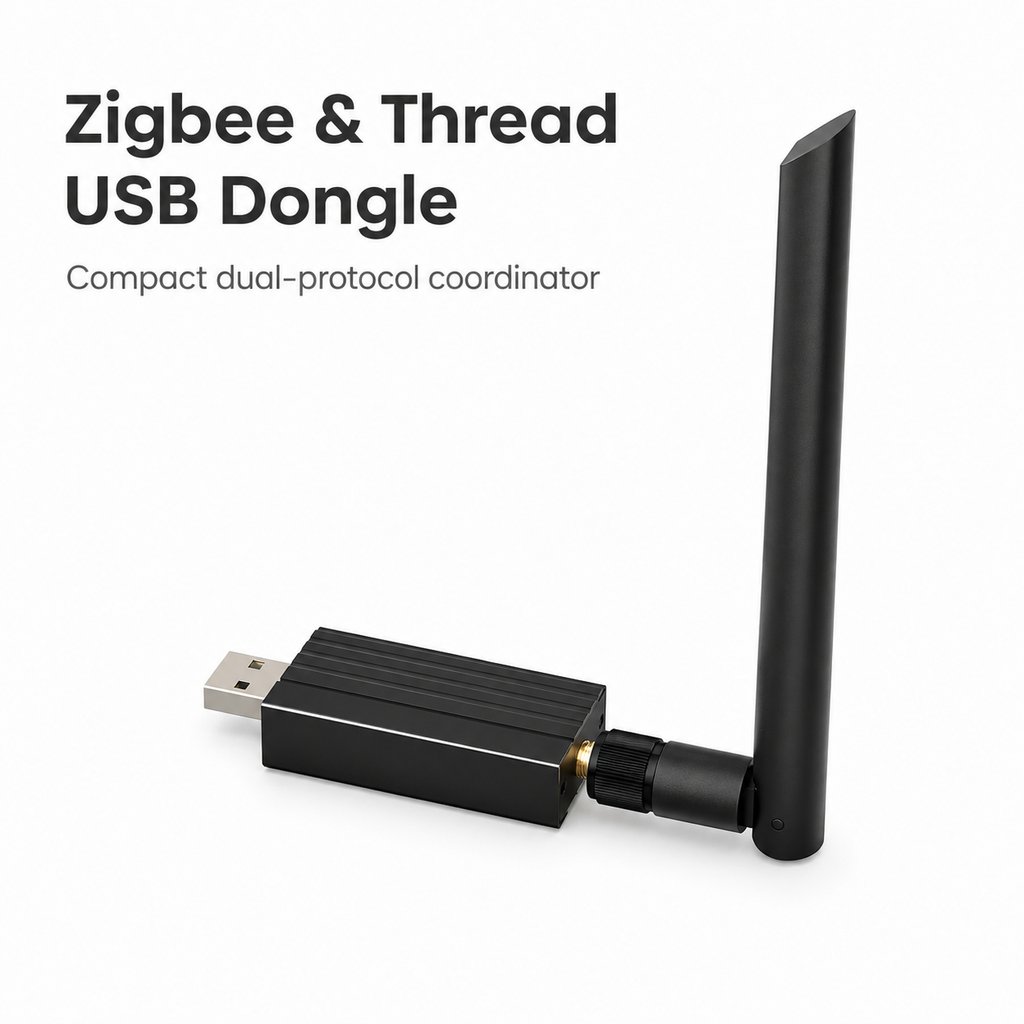 Studio packshot of Zigbee and Thread USB dongle with antenna