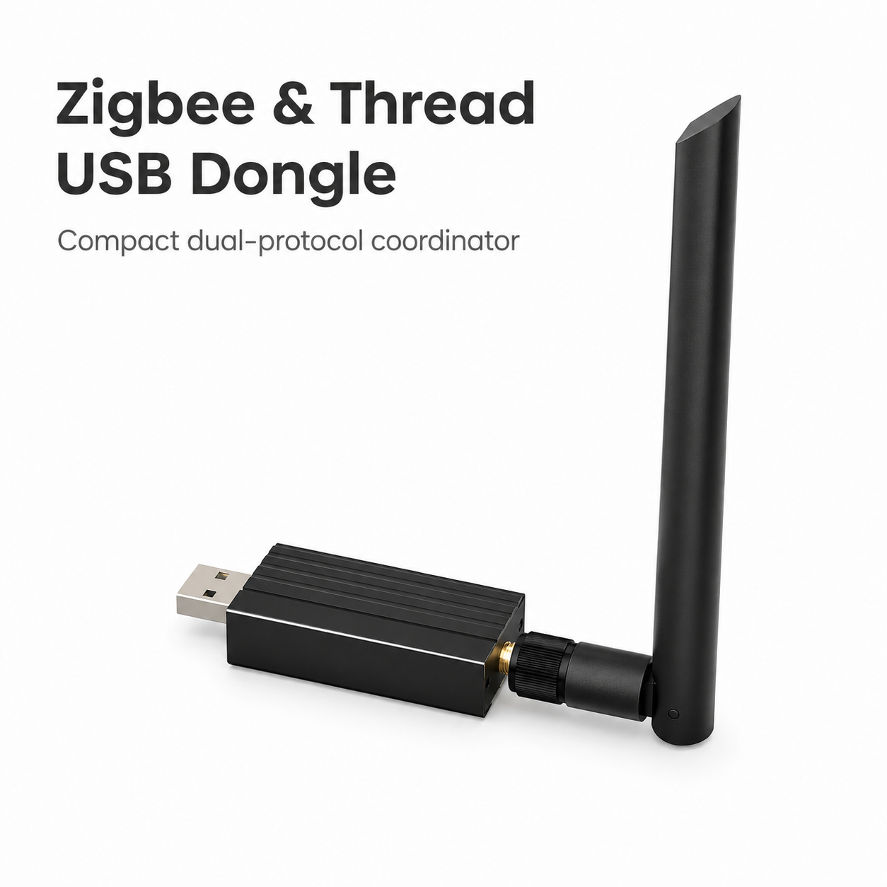 Studio packshot of Zigbee and Thread USB dongle with antenna