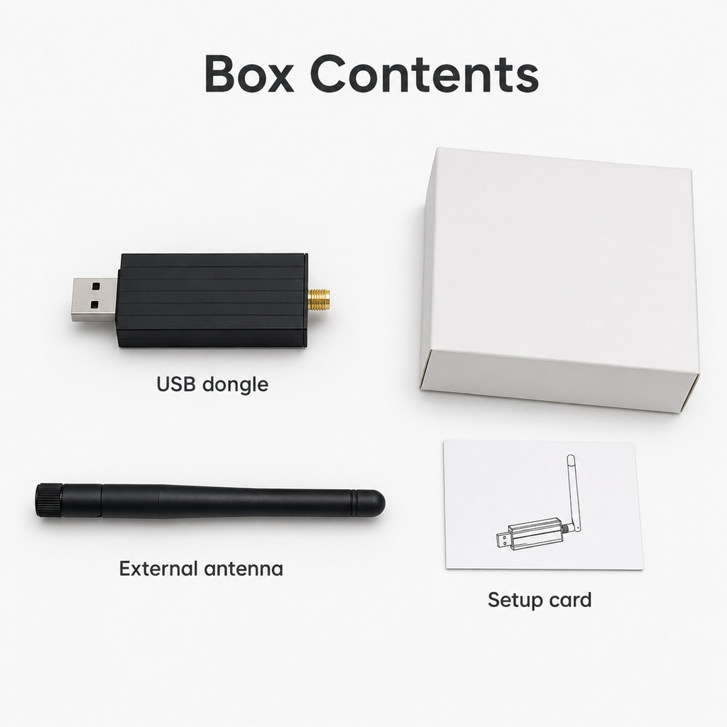 Box contents for Zigbee USB dongle with antenna