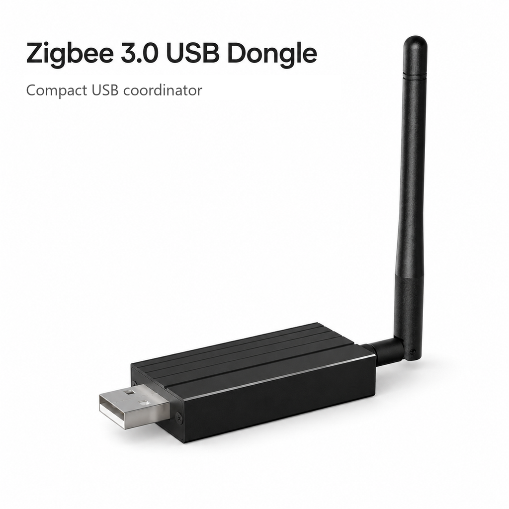 Clean studio packshot of black Zigbee USB dongle