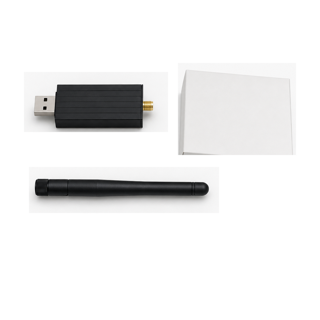 Contenu physique du NéoLink USB Essential avec dongle antenne et boîte sur fond blanc