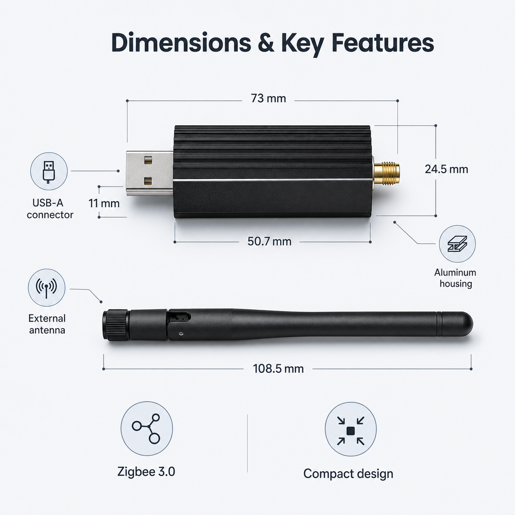 Dimensions and key features of Zigbee 3.0 USB dongle