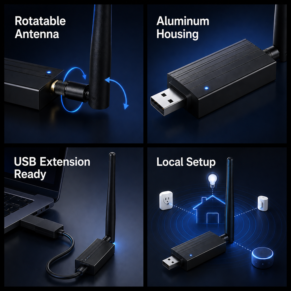 Feature panels for Zigbee USB dongle with rotatable antenna
