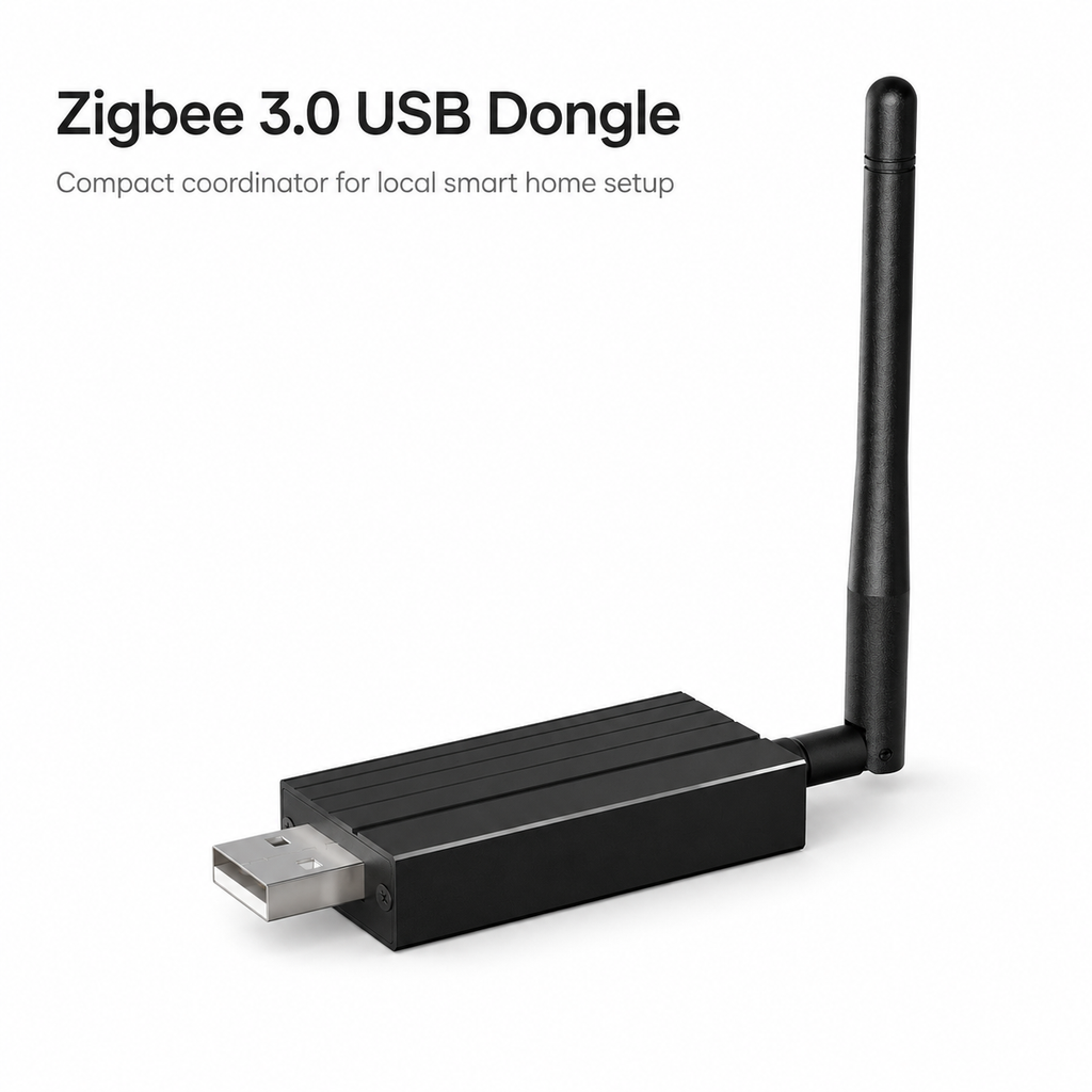 Studio packshot of black Zigbee 3.0 USB dongle with antenna