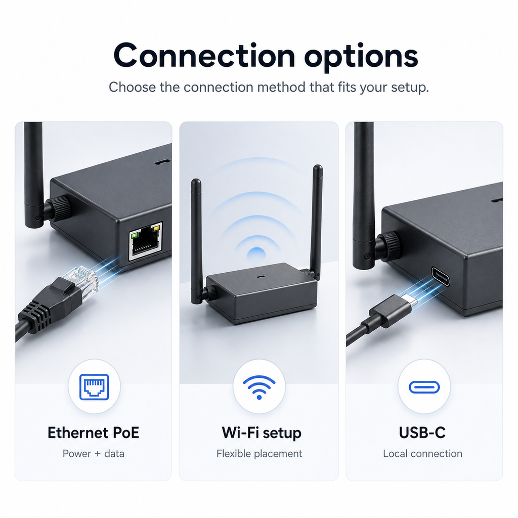 Options de connexion Ethernet PoE, Wi-Fi et USB-C pour passerelle Z-Wave.
