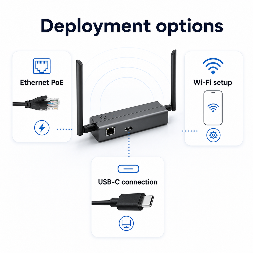 Options de déploiement PoE, Wi-Fi et USB-C pour passerelle Z-Wave.