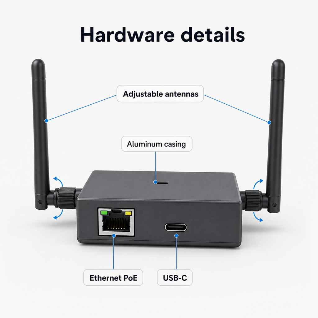 Détails matériels de la passerelle Z-Wave PoE avec antennes et ports.
