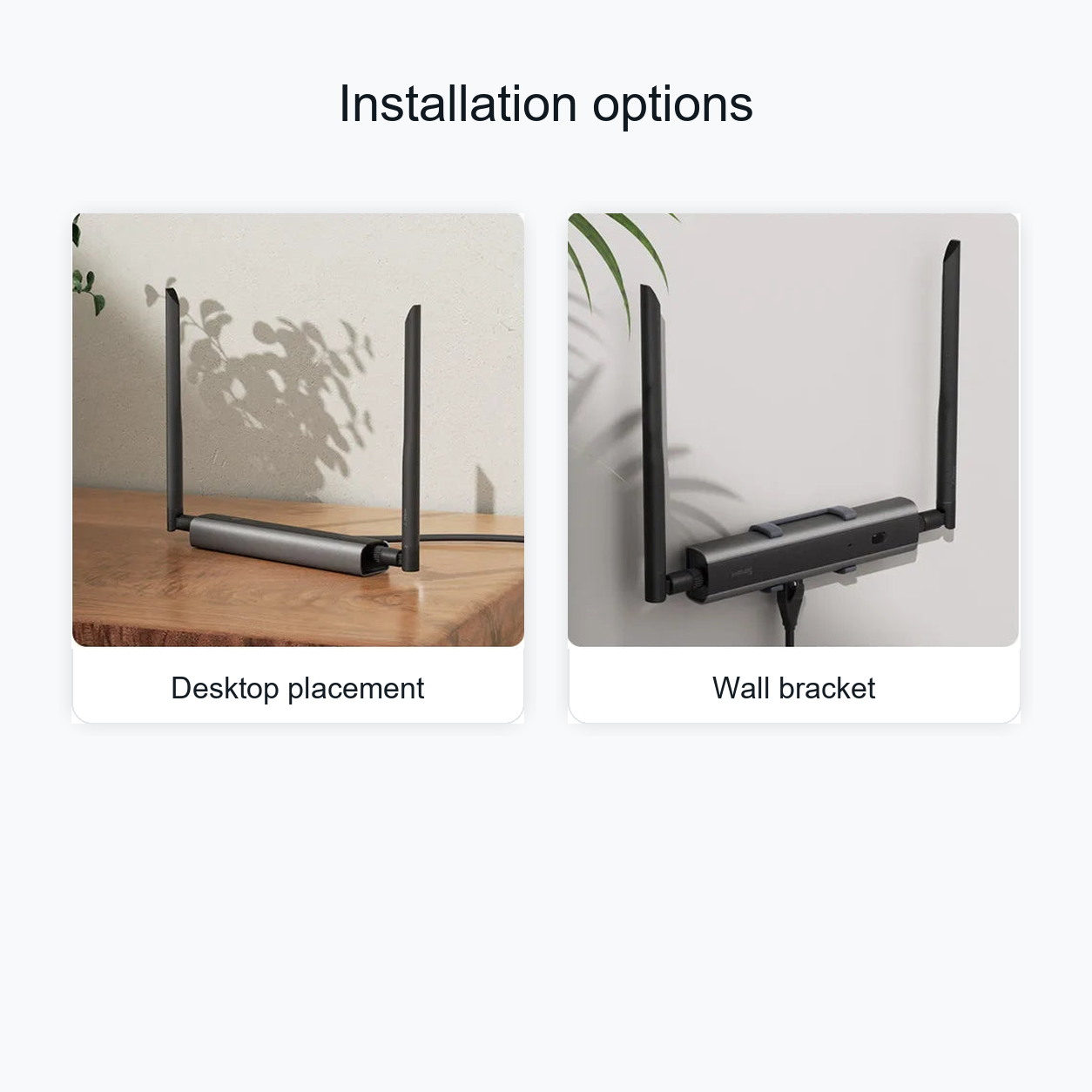 Options d’installation sur bureau ou support mural pour passerelle Z-Wave.