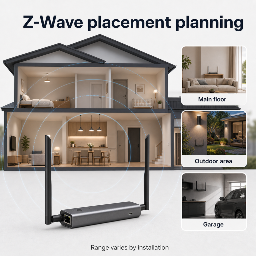Planification de placement Z-Wave dans une maison moderne avec passerelle PoE.