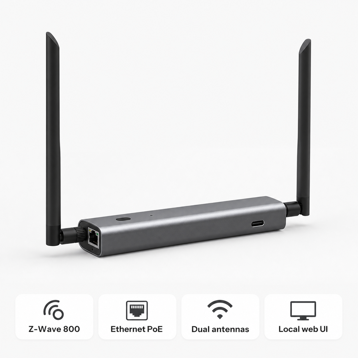 Vue d’ensemble du modèle Z-Wave 800 PoE avec double antenne.