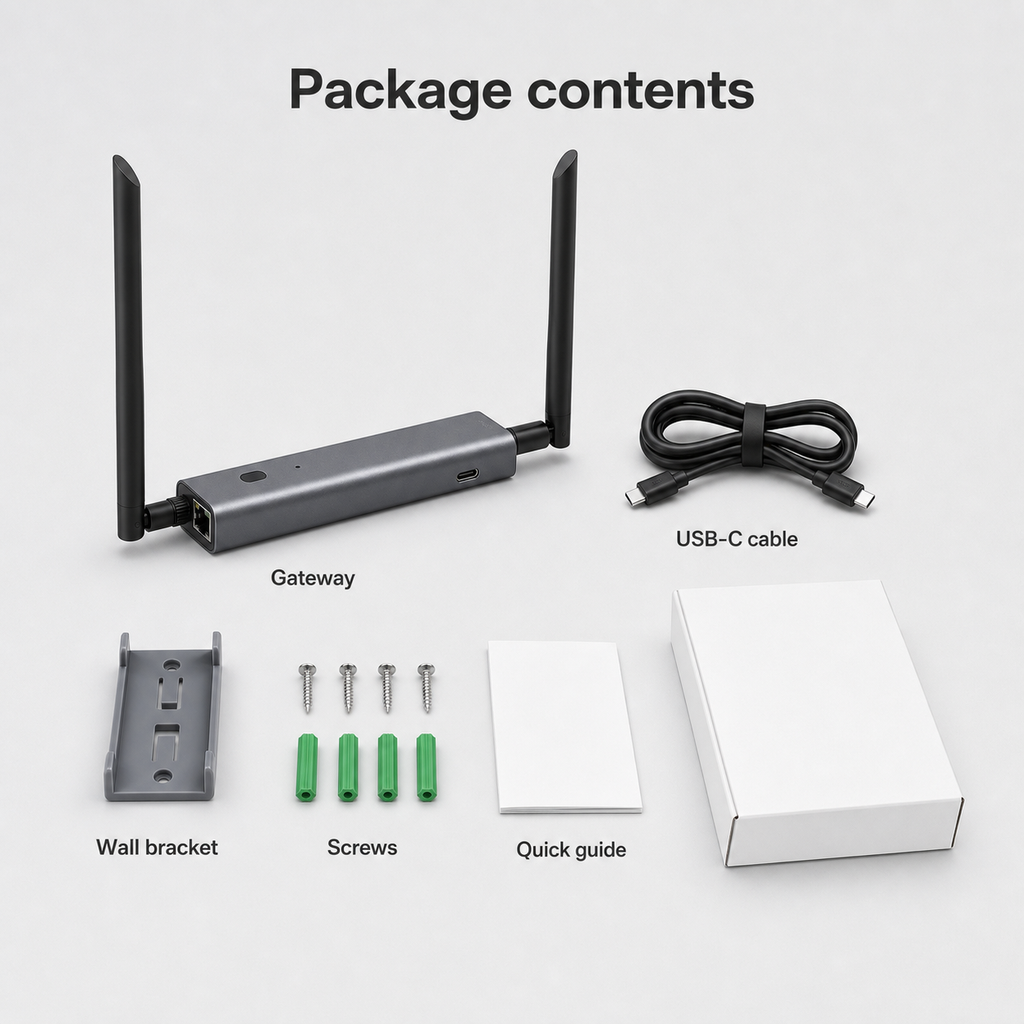 Contenu du packaging de la passerelle Z-Wave 800 PoE avec accessoires.