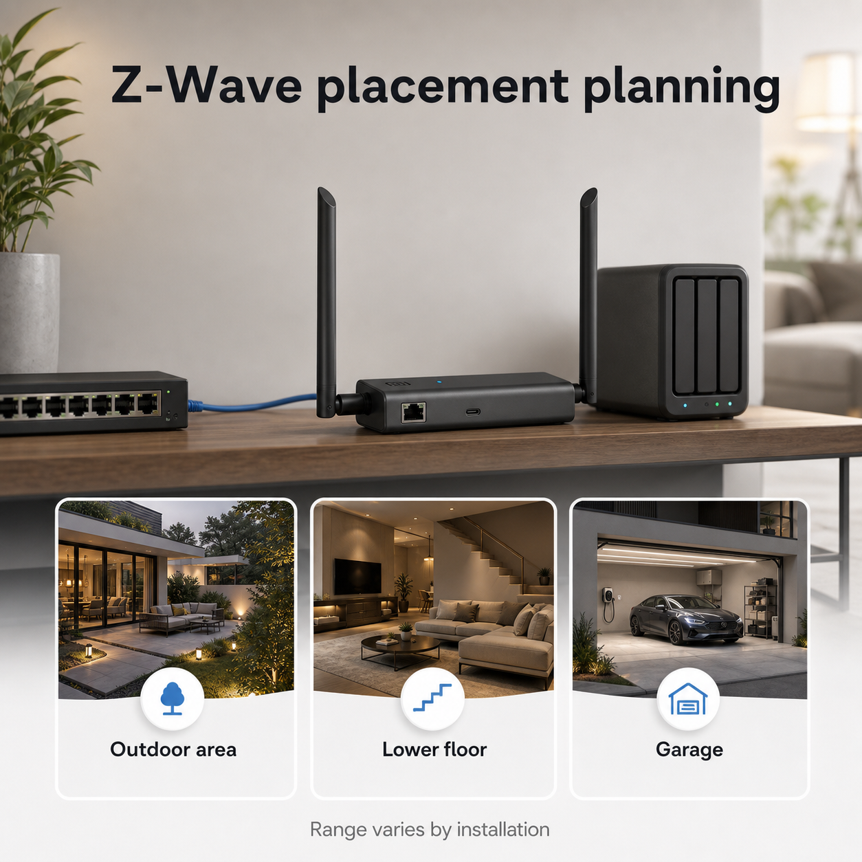 Placement de la passerelle Z-Wave dans différentes zones de la maison.