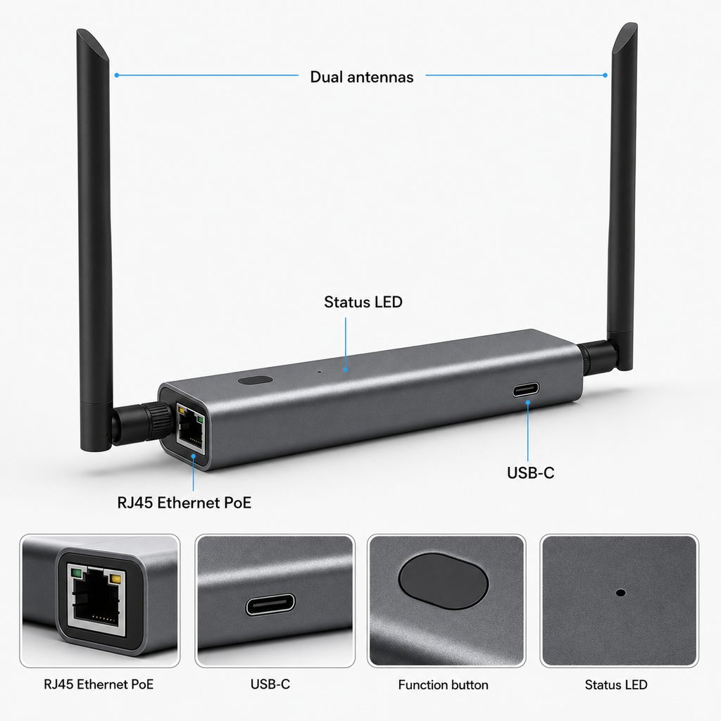 Vue annotée des ports RJ45 PoE, USB-C et antennes de la passerelle.