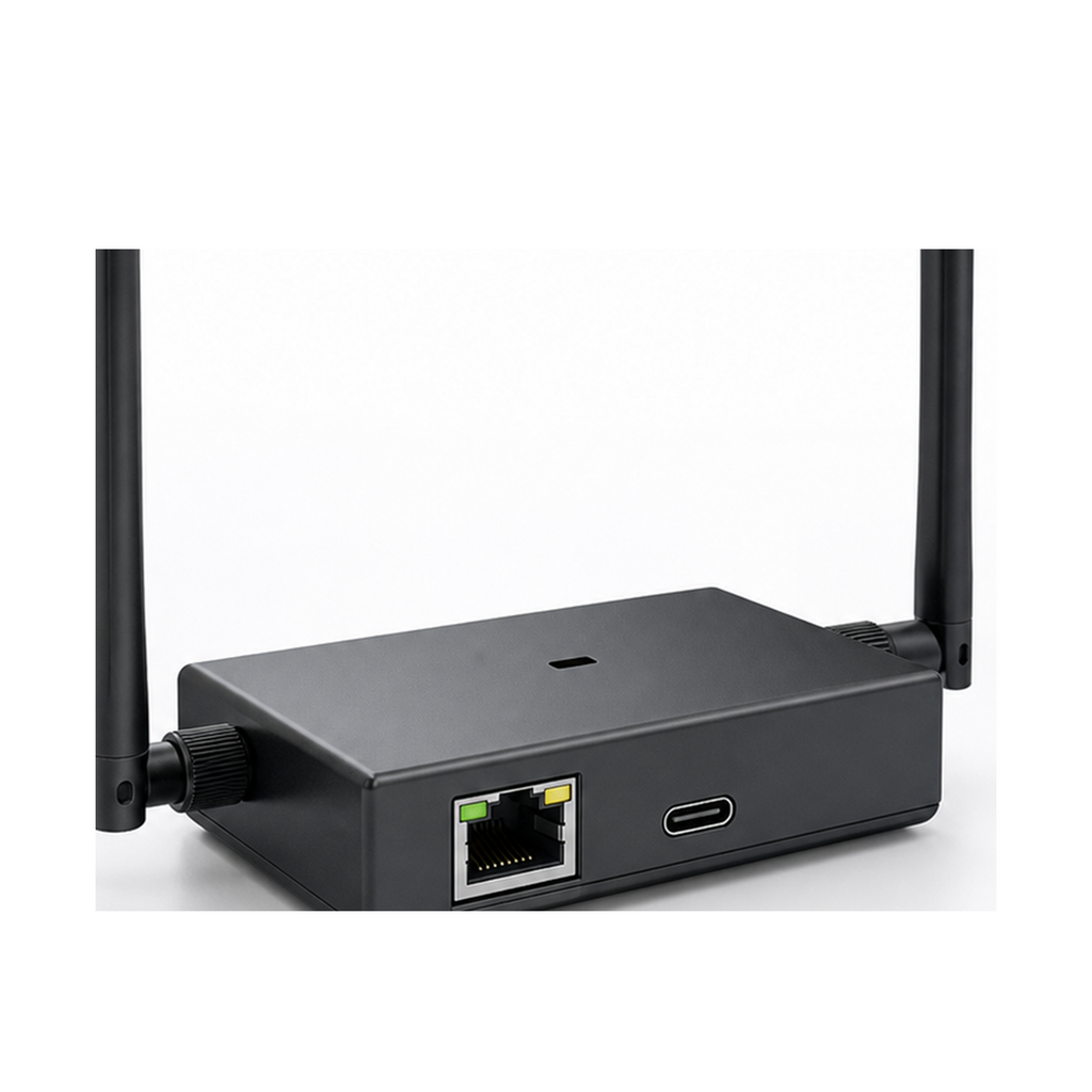Détail des ports RJ45 PoE et USB-C de la passerelle NéoLink Z-Wave Max Pro sur fond blanc.