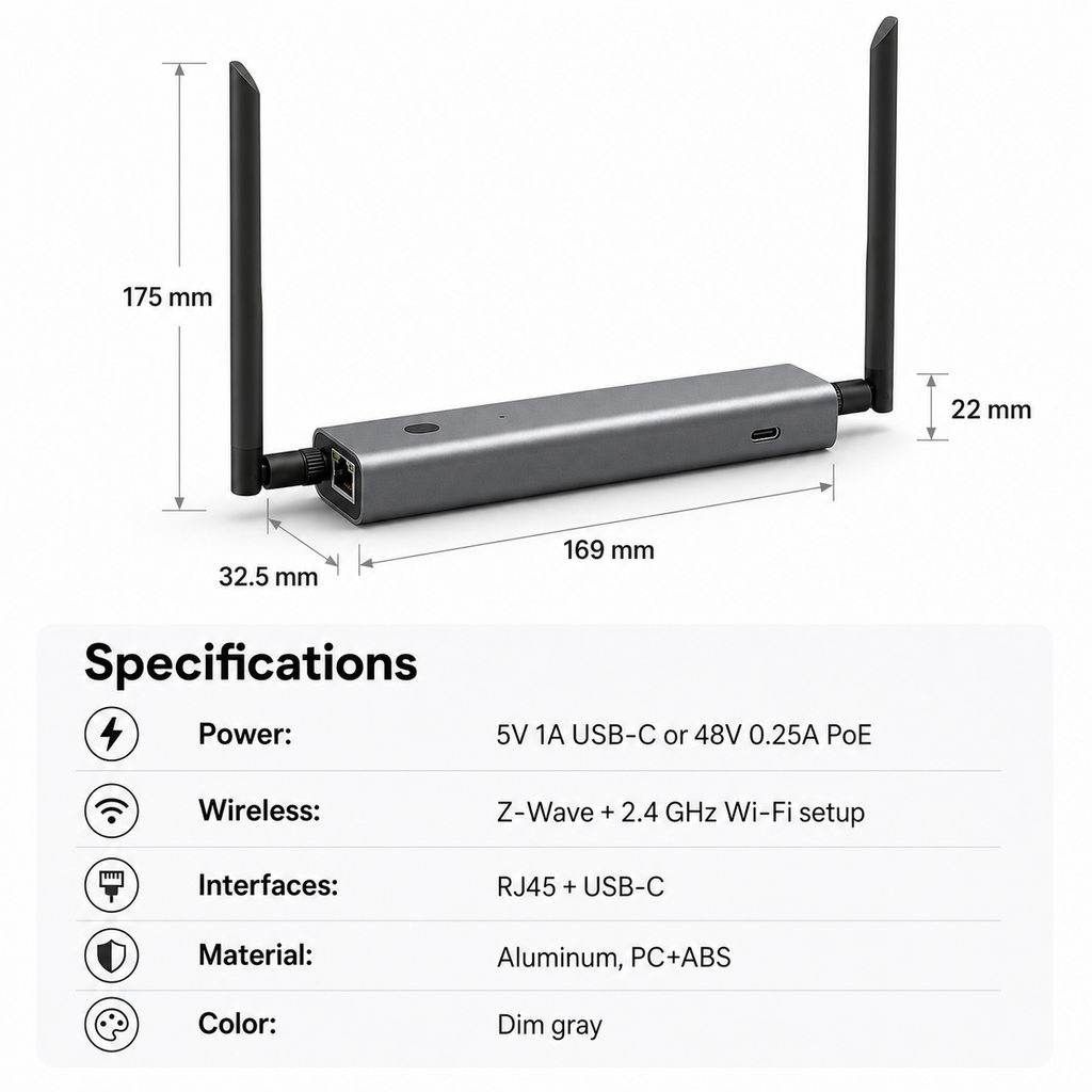Fiche technique de la passerelle Z-Wave 800 PoE avec dimensions et ports.