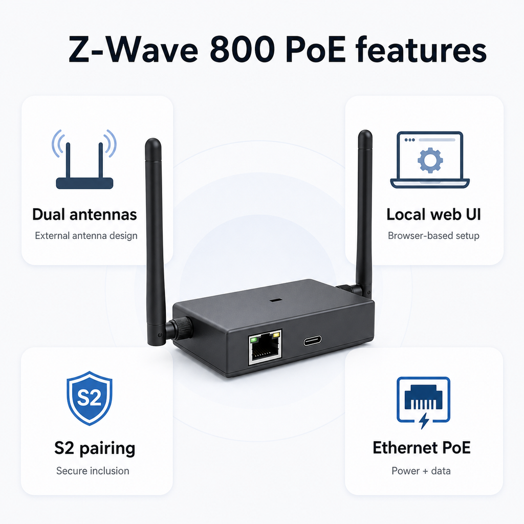Fonctionnalités principales de la passerelle Z-Wave 800 PoE.
