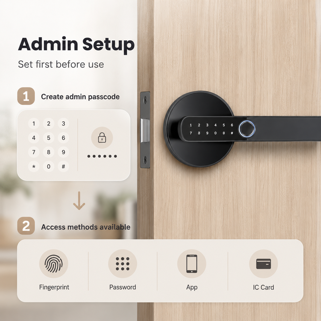 Admin setup guide visual for biometric smart door lock handle