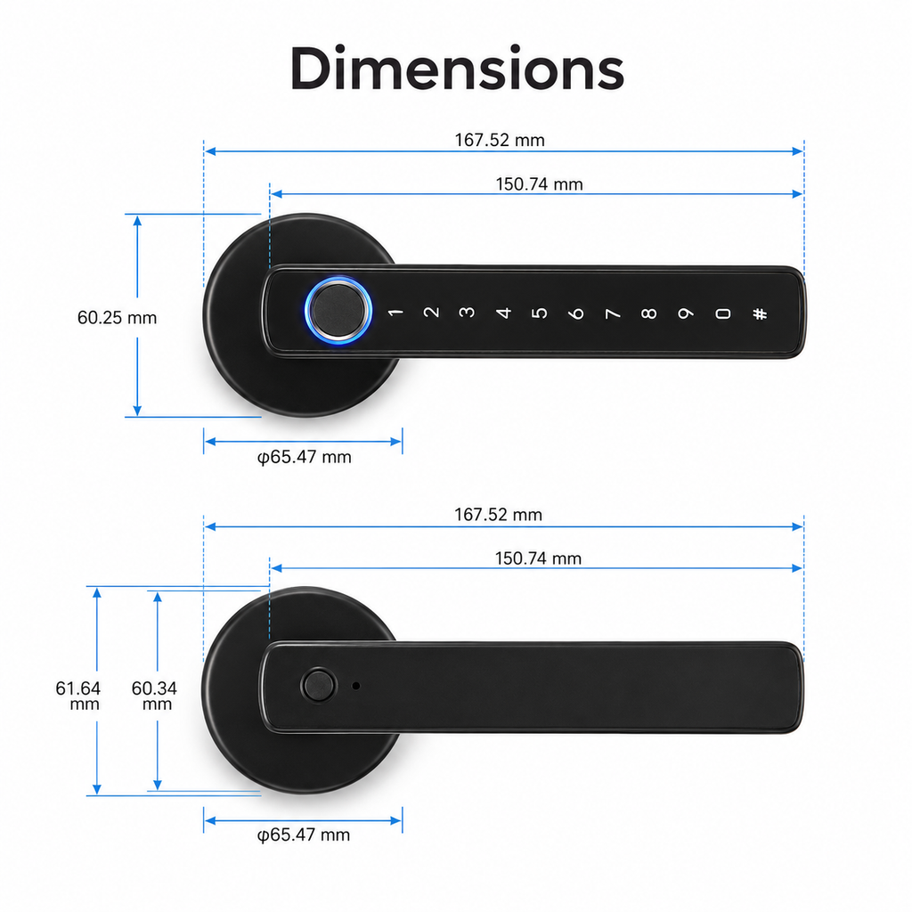 Dimensions diagram for Bluetooth biometric smart door lock handle