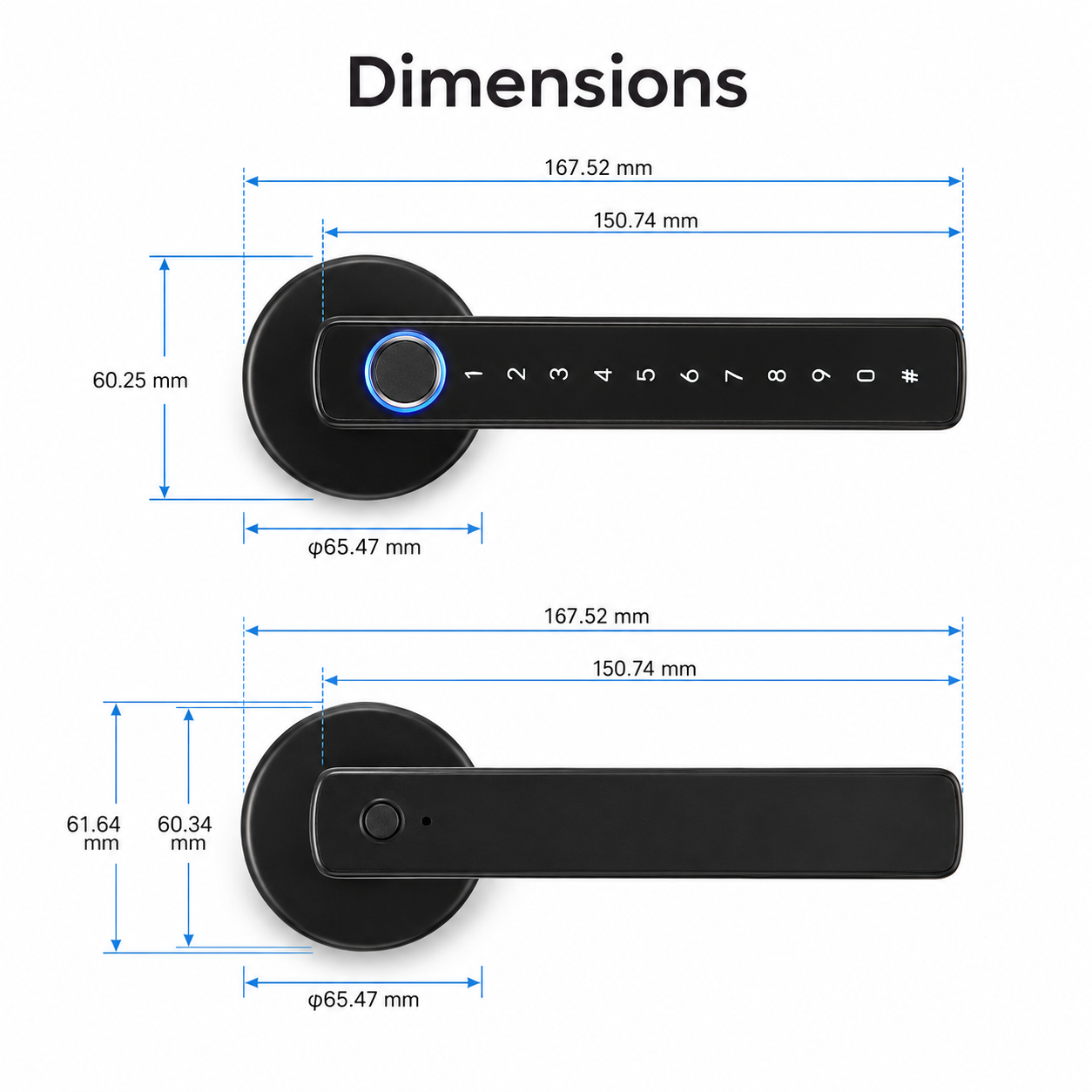 Dimensions diagram for Bluetooth biometric smart door lock handle