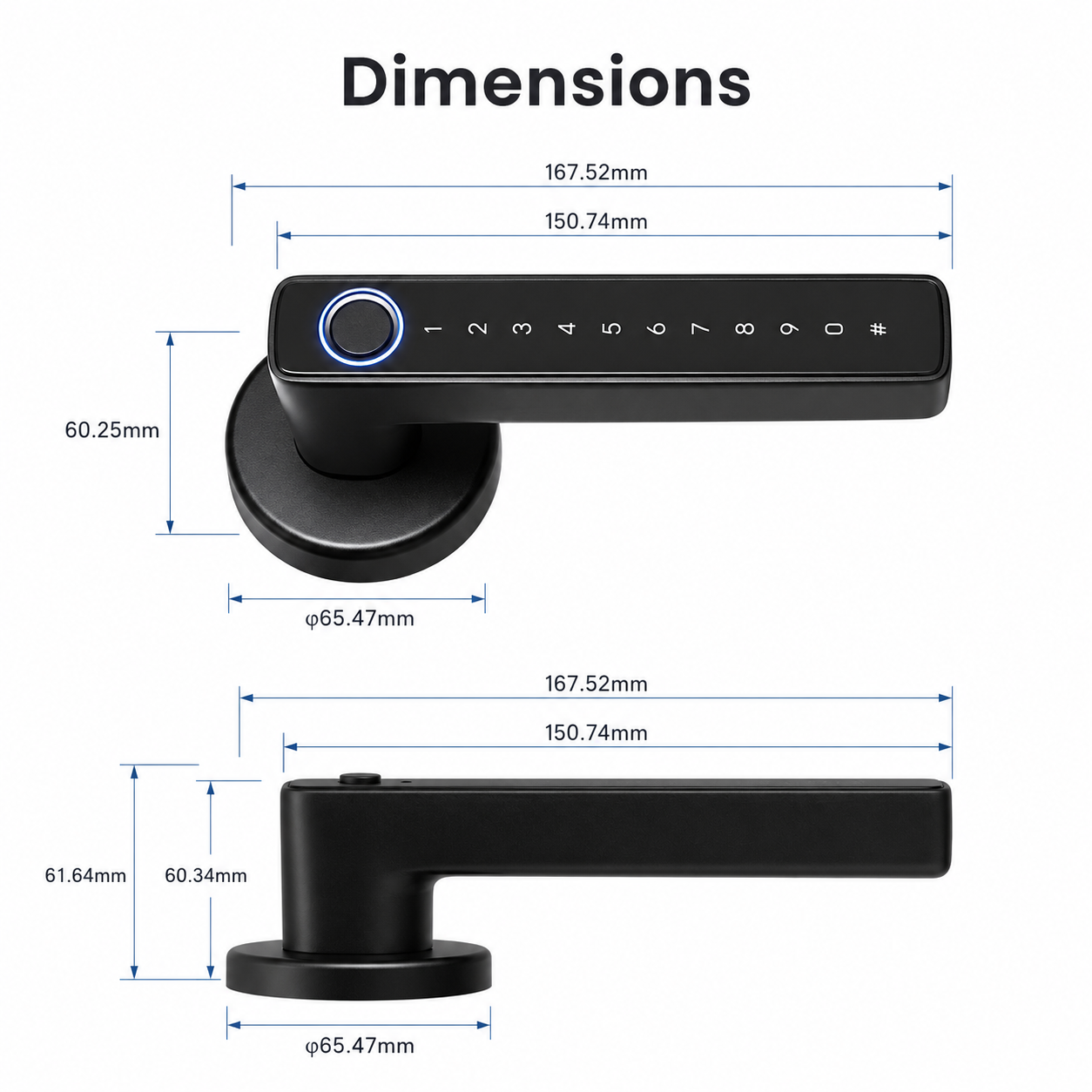 Side dimensions diagram for smart door lock handle