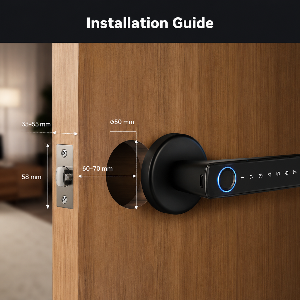 Installation guide visual for Bluetooth smart door lock handle